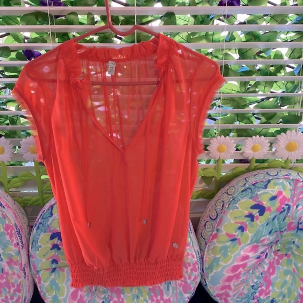 Sold tnester bright orange sheer chiffon peasant style top